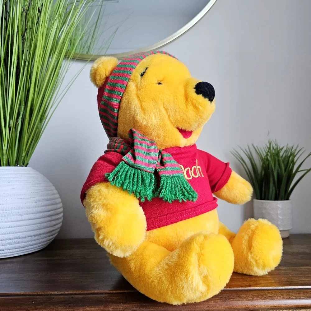 Vintage Disney Winnie the Pooh Plush 14” Mattel Arcotoys Holiday Scarf Red Shirt